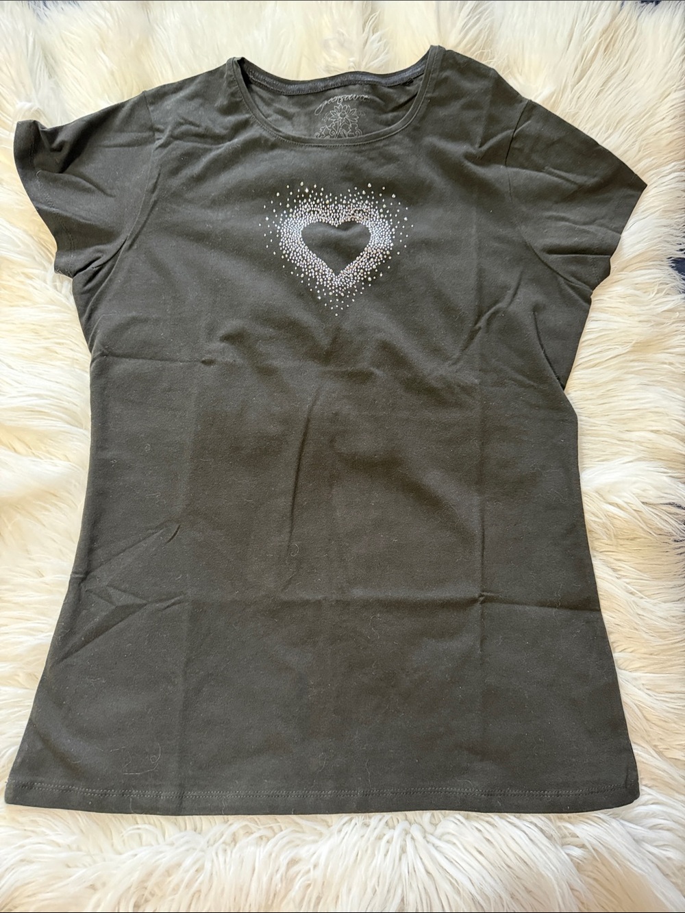 Classic Black Short Sleeve Tee with Rhinestone Heart
